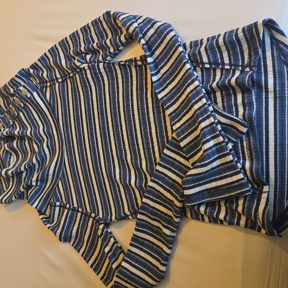 Free People Navy and Cream Striped Women's Sweater With Buttons On The Collar